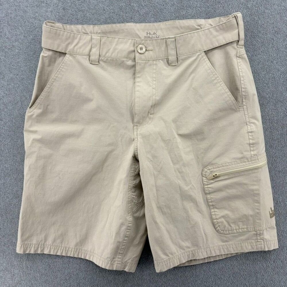 Huk Mens Fishing Shorts M Khaki Cargo Stretch 9" Inseam Performance Outdoor